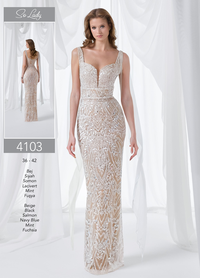 So Lady Model 4103 Askılı Taş İşlemeli Uzun Abiye Elbise